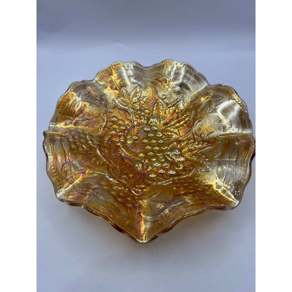 Amber Carnival Glass Grape & Leaf Bowl | Iridescent Ruffled Dish
